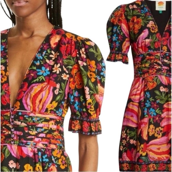FARM Rio Dresses & Skirts - Farm Rio Vibrant Floral Print Bananas Deep V-Neck Puff Sleeve Mini Dress Small